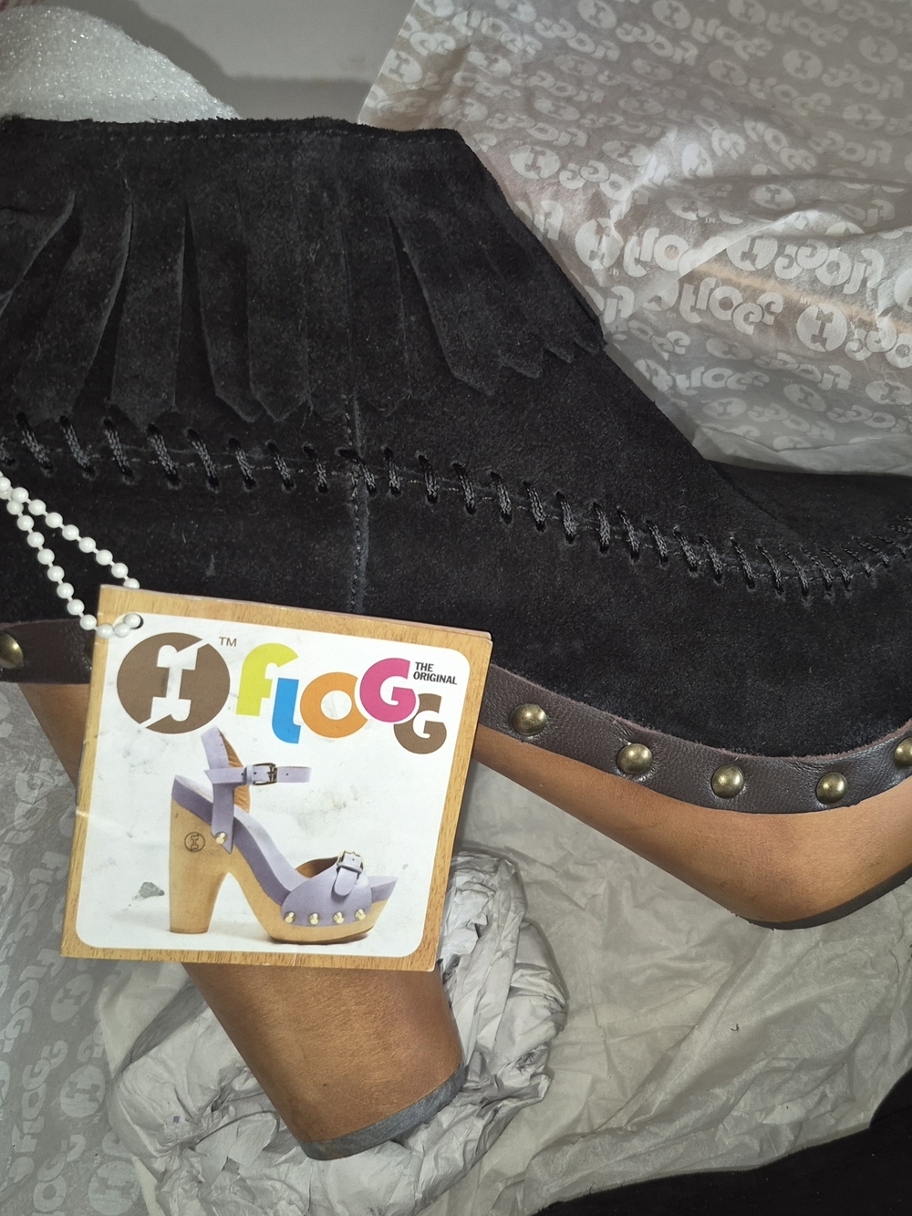 🔥Flogg Fringe Bootie 7.5  Women's Premium Leather Wooden Platform Heeled -Black